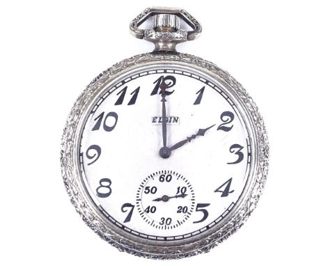 ELGIN - an Art Deco 14ct gold filled open-face top-wind pocket watch, textured dial with Deco Arabic numerals and subsidiary 