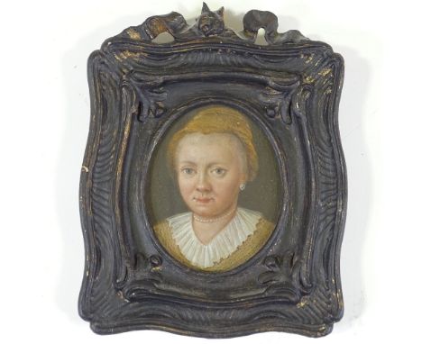 19th century oil on panel, miniature portrait of a woman, unsigned, panel size 4" x 3", original carved wood frame Very good 
