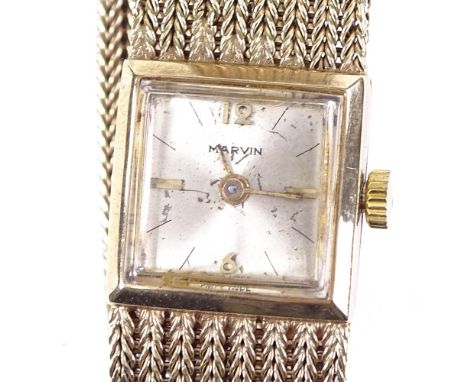 MARVIN - a lady's Vintage 9ct gold mechanical wristwatch, champagne dial with gilt baton hour markers and 9ct mesh strap, hal