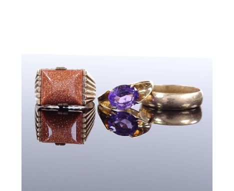 3 x 9ct gold rings, comprising a wedding band (size T), amethyst dress ring (size Q) and a goldstone dress ring (size S), 13.