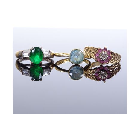 3 various rings, comprising an 18ct blue topaz ring, setting height 8.3mm, size N, a 9ct gold ruby and diamond cluster ring, 