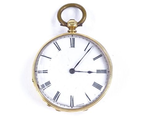 A Swiss 18ct gold cased open-face key-wind pocket watch, by Clemence, white enamel dial with painted Roman numerals and engin