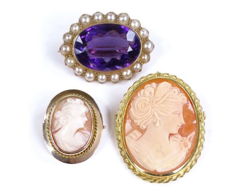 A Victorian unmarked gold amethyst and pearl cluster brooch, and 2 relief carved cameo pendants/brooches, in 14ct and 9ct fra