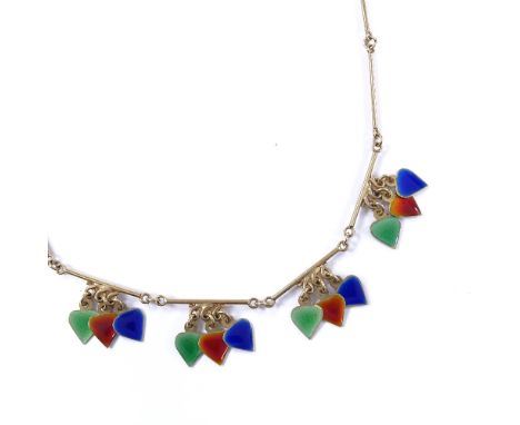 An 18ct gold coloured enamel heart-drop collar necklace, by Fabor, necklace length 39cm, 14.1g Very good original condition, 