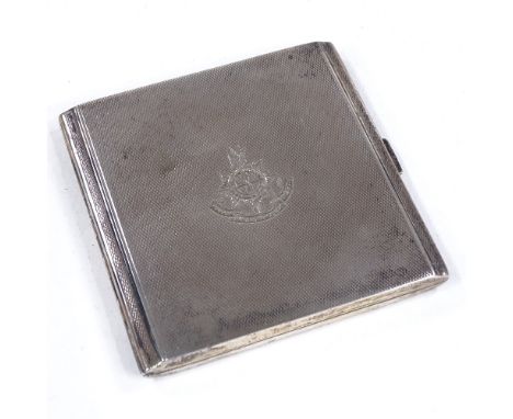 A George V Art Deco square silver cigarette case, stepped edges with engine turned decoration and gilt interior, Royal Sussex