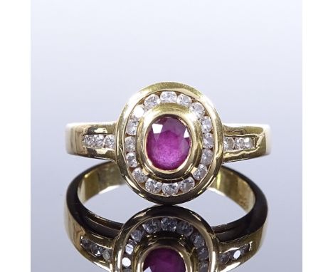 An 18ct gold ruby and diamond cluster ring, total diamond content approx 0.2ct, setting height 11.6mm, size O, 6.9g Very good