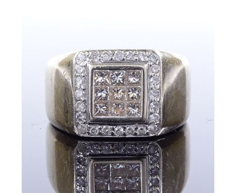 An 18ct white gold diamond cluster panel signet ring, set with princess and round-cut diamonds, total diamond content approx 