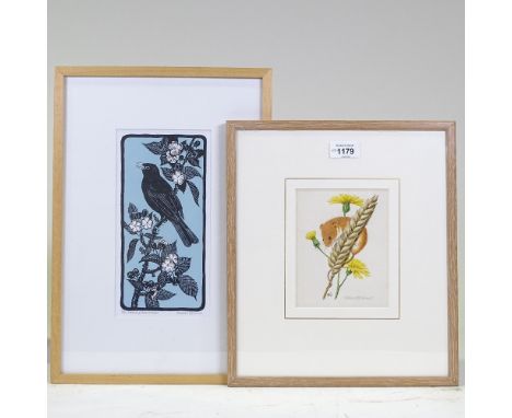 Robert Gillmor, watercolour, field mouse, and woodcut print, morning has broken, by the same hand, framed (2) Very good condi