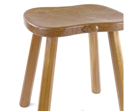 Robert Mouseman Thompson, golden oak stool on tapered octagonal legs, seat dimensions 36cm x 30cm, height 45cm Perfect condit