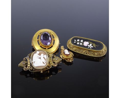 Various brooches, including Pietra Dura, cameo and amethyst, in gilt metal frames, 32.2g total, (4) All in good overall condi