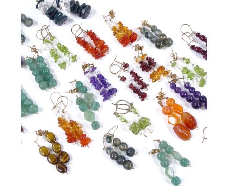 Various 9ct gold stone set drop earrings, including jade, tiger's eye, turquoise etc Lot sold as seen unless specific item(s)