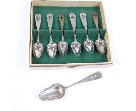 A set of 6 Dutch silver teaspoons and a caddy spoon, pierced and bright-cut engraved handles, caddy spoon length 12cm, 1.5oz 