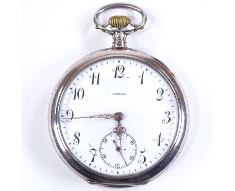 OMEGA - a Continental silver-cased open-face top-wind pocket watch, white enamel dial with Deco Arabic numerals and subsidiar