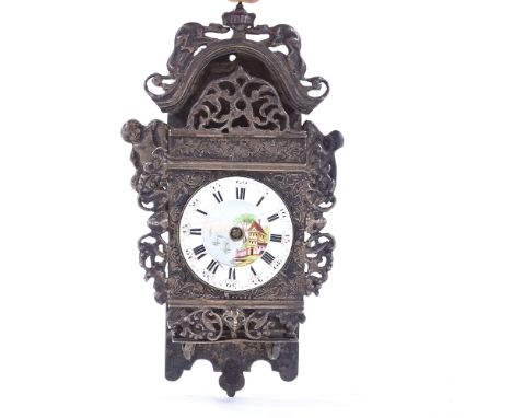 An 18th/19th century Dutch miniature silver clock, painted enamel dial with Roman numeral hour markers and ornate silver fram