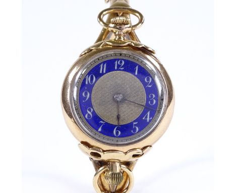 ASPREY - a lady's 18ct rose gold open-face top-wind fob watch, with 15ct bangle strap, blue enamel dial with Arabic numerals,