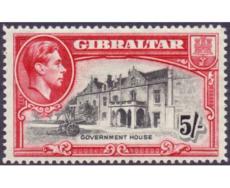 Gibraltar Stamps : 1938 5/- Black and Carmine perf 14. Mounted mint light gum toning. SG 129