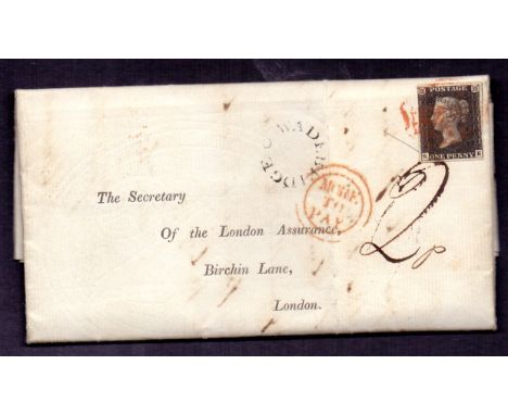 GREAT BRITAIN POSTAL HISTORY Penny Black plate 8 (SE) on thick insurance wrapper. More to pay mark on the front due to excess