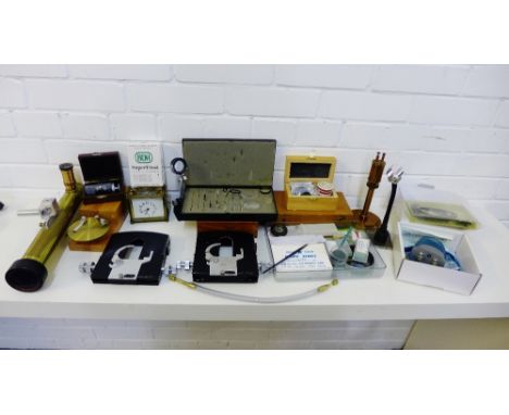 A box containing a quantity of miscellaneous scientific instruments, slides, tools and microscope lenses, etc (a lot) 