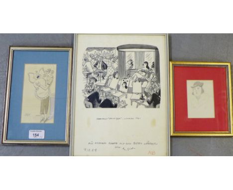 A 1960's framed cartoon 'Paintbox Restaurant, London 1961', together framed pen and ink of a 'Mother with a Crying Baby' and 
