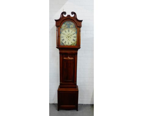 A 19th century  mahogany longcase clock, the hood with a broken swan neck pediment over a 14 inch painted dial with Roman num