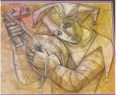 Peter Nuttall  'A Jester playing a Mandolin' Mixed media, signed bottom left and dated '88, in a glazed frame, 44 x 36cm 