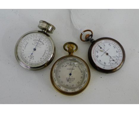 A gilt cased pocket barometer, a spherometer by H.F Angus & Co, Wigmore Street, London and a medial chronometer with stopwatc