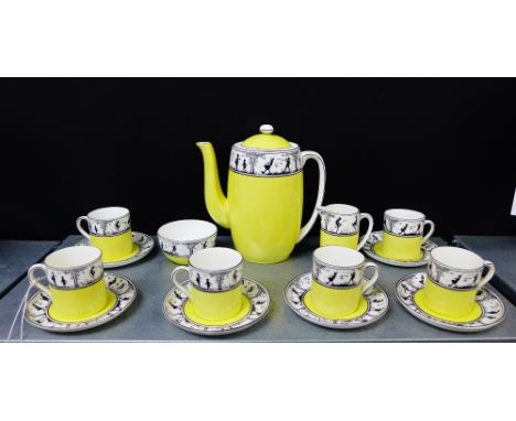 A Foley china silhouette coffee set comprising coffee pot, milk jug, sugar bowl, six coffee cans and saucers with printed bac