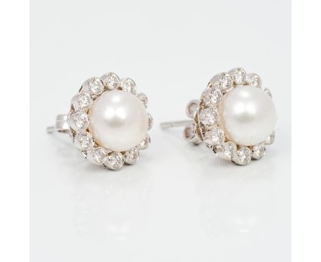A pair of fine quality 18 ct white gold pearl and diamond earringsEach of circular form, centrally set with a pearl bordered 