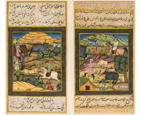 A pair of 19th century Persian manuscript pagesEach painted with Hunting Scenes and calligraphy, mounted in a common glazed f