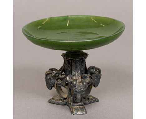 A late 19th/early 20th century unmarked silver and spinach jade tazza, probably RussianThe shallow dished top supported on a 