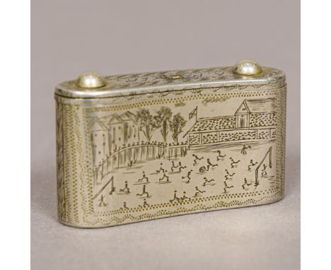 A Victorian steel vesta caseOf curved form, the sliding top inscribed A Parker, above the main body decorated to one side wit