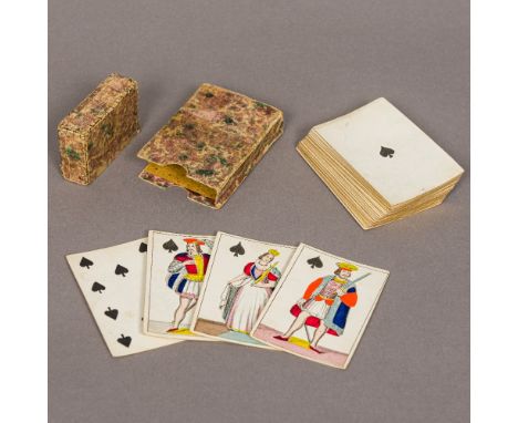 A set of fifty-two Georgian playing cards Of typical form, each decorated with hidden erotic scene, boxed.  Each 8.5 cm high.