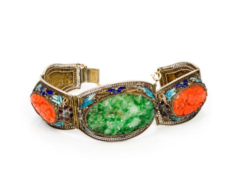 A Chinese enamel decorated silver filigree braceletSet with jade and coral carvings.  17.5 cm long.  CONDITION REPORTS: Secti