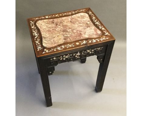 A late 19th century Chinese mother-of-pearl inlaid hardwood standThe rectangular top with marble inset above bands of foliate