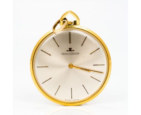 An 18 ct gold Jaeger LeCoultre pocket watchOf slim form, the silvered dial set with batons.  4 cm diameter.  CONDITION REPORT
