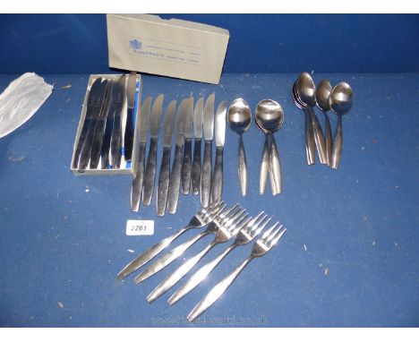 A quantity of modern Mappin &amp; Webb stainless steel cutlery plus two forks in exactly the same pattern by a different make