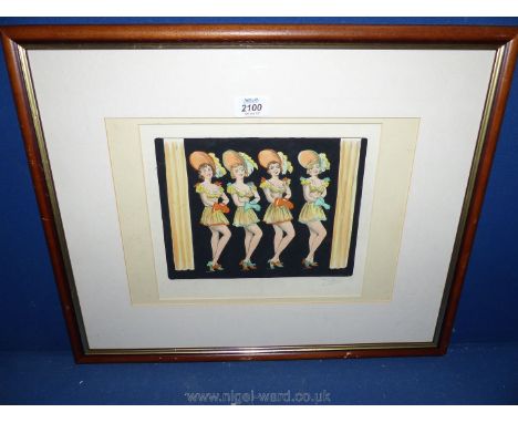 An art deco, coloured, etched Lithograph of a chorus line, pencil signed Gilbert.