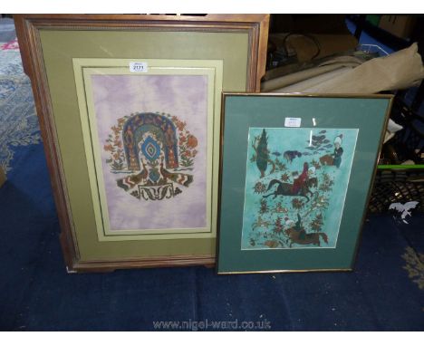 An oriental Print on fabric of a hunting scene and a framed Print on fabric of oriental birds under an arch.