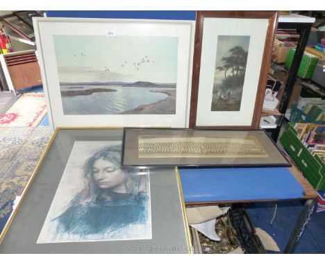 A framed Print "Gypsies Rest" by F.R. London, a Peter Scott estuary scene, framed print of a young lady, and framed photo of 