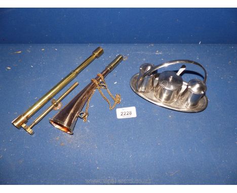 A quantity of brass including small scales, hunting horn, glass cutting tool and cruet on stand.