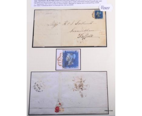 1840 2d Blue Plate 2 Q-H SG5. With 3 good margins but shaved at right. With a good light strike of black MX cancel on a lette