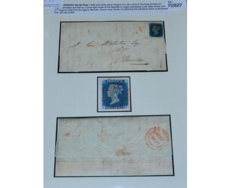 1840 2d Blue Plate 1 N-K SG5. With 3 good margins but cut close at base. With a good red MX cancel on a letter sent 21st Augu