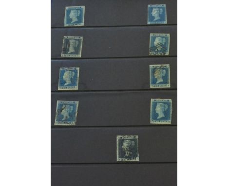 1841 2d Blues on stock card s.t.b. plate 4, Eight four margined stamps, O-L; C-I; T-I; D-E; H-E; D-B- R-J; P-K: one three mar