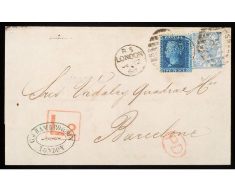 GB QV 1867-80 2s Cobalt SG 120a shade on a letter sheet London to Barcelona with 2d blue with boxed L2 late fee cancellation,