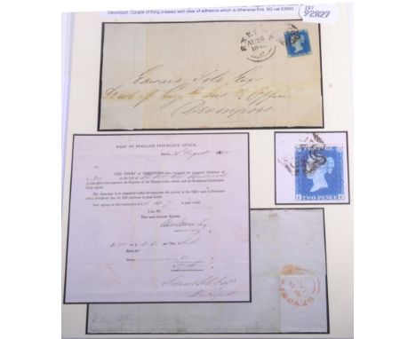 1840 2d Blue Plate 2 I-F SG5. With 3 good margins but shaved at left. Tied with a light strike of black MX cancel on an insur