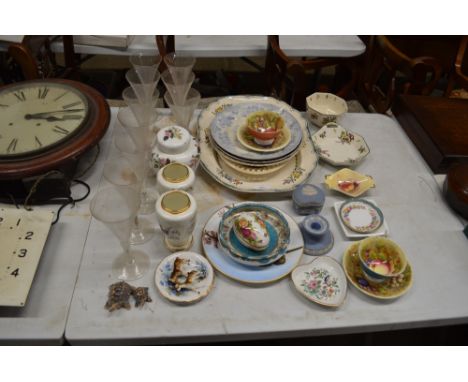 A floral decorated meat plate; a set of ten drinking glasses; a Wedgwood jasperware candlestick and pot and cover; and variou