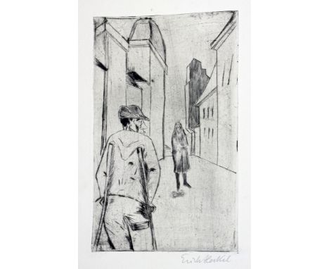 Erich Heckel. Straße in Ostende. Kaltnadelradierung. 1915. 23,5 : 14,7 cm (47,0 : 32,5 cm). Signiert. Schöner Druck auf feste