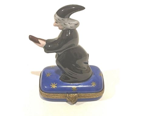 Hand painted Oblong Cobalt blue with 24k gold stars mini box with black clad gray haired broomstick carrying witch atop. Cat 
