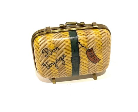 Artfully hand painted mini box in shape of a chevron patterned suitcase with a patch that says Paris with words Bon Voyage on