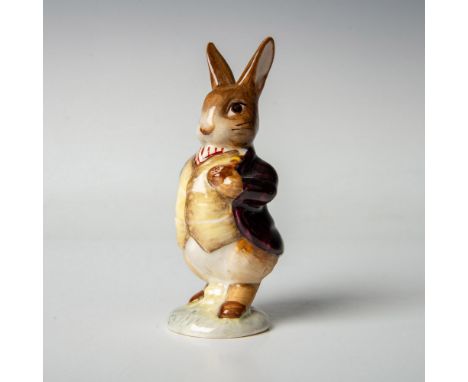 Modeled in a dark maroon jacket with a yellow waistcoat, holding a pipe. Beswick Beatrix Potter backstamp. Issued: 20th centu